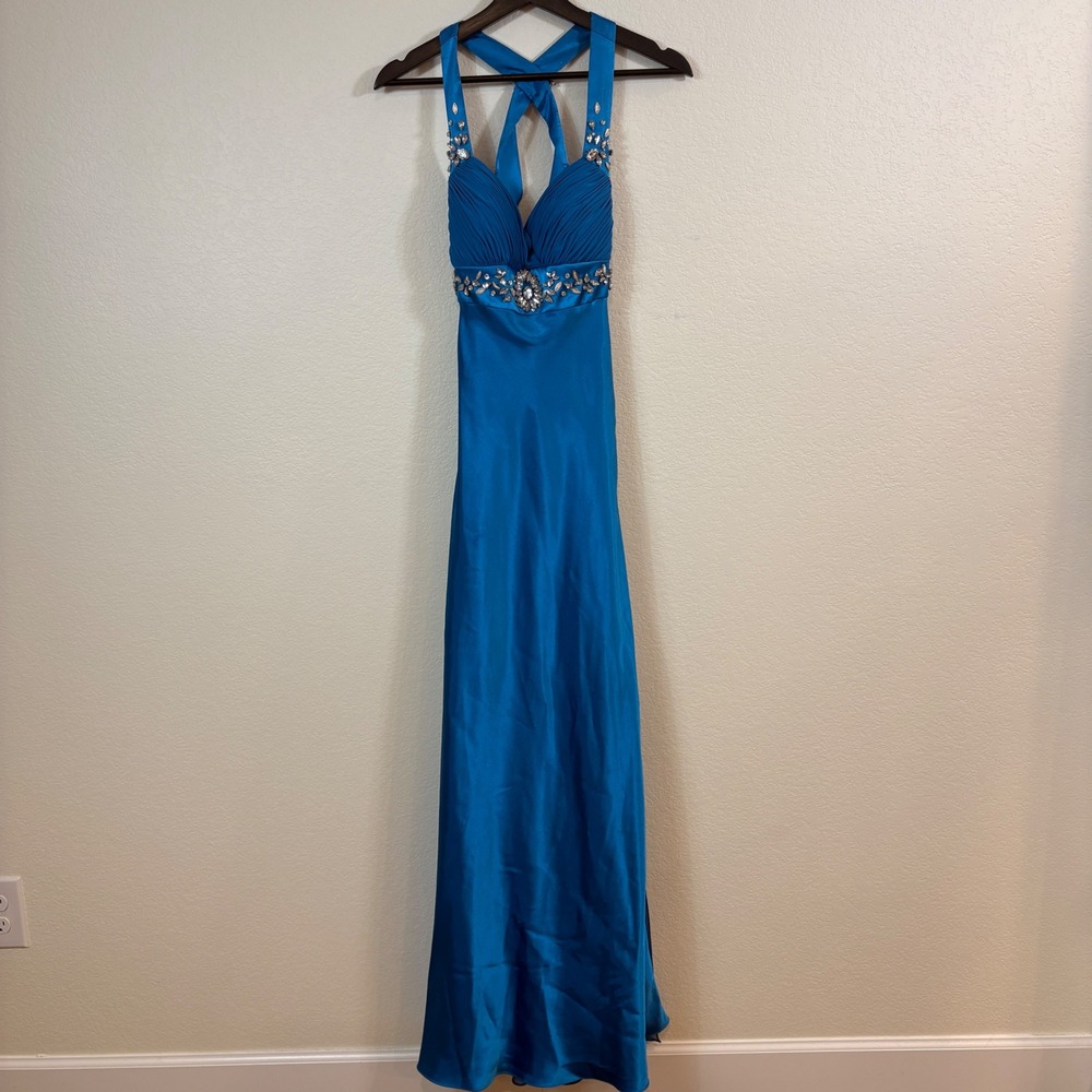 Cache Formal Dress Women 2 Blue Vintage Y2K Rhinestone Satin Halter Gown Bling - Picture 2 of 9